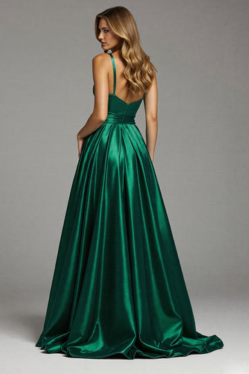 Dark Green A Line Pleated Long Prom Dress With Slit